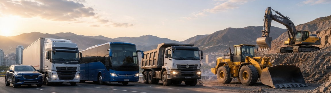 Flota diversa: camiones, buses y maquinaria pesada en operación